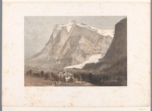 Widok na Grindelwald Grindelwald (tytuł na obiekcie) Zabytki w Szwajcarii, Sabaudii i Tyrolu (tytuł serii) La Suisse, la Savoie et le Tyrol (tytuł serii na obiekcie) autorstwa Eugene Ciceri