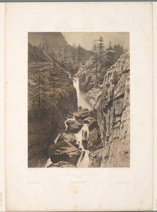 Zicht op de Bérard-waterval Widok ogólny Cascade de Bérard (tytuł na obiekcie) Gezichten in Zwitserland, Savoy in Tirol (tytuł serii) Szwajcaria, Sabaudia i Tyrol (tytuł serii na obiekcie) autorstwa Eugene Ciceri