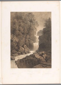 Widok na wodospad Reichenbach Chûte, inferior du Reichenbach (tytuł na obiekcie) Twarze w Szwajcarii i Sabaudii (tytuł serii) La Suisse et la Savoie (tytuł serii na obiekcie) autorstwa Eugene Ciceri