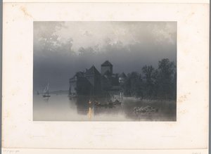 Widok na zamek Chillon nad Jeziorem Genewskim Château de Chillon (tytuł na obiekcie) Twarze w Szwajcarii i Sabaudii (tytuł serii) La Suisse et la Savoie (tytuł serii na obiekcie) autorstwa Eugene Ciceri