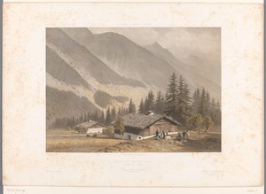 Widok domu Jacquesa Balmata w pobliżu Chamonix Maison de Jacques Balmat (tytuł na obiekcie) Twarze w Szwajcarii, Sabaudii i Tyrolu (tytuł serii) La Suisse, la Savoie et le Tyrol (tytuł serii na obiekcie)