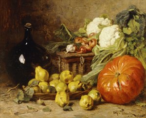 Martwa natura z dzbanem na wino, koszem, gruszkami, cebulą, kalafiorem, kapustą, czosnkiem i dynią, autorstwa Eugene Claude