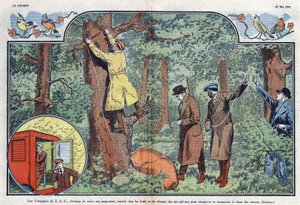 T.S.F. Firma instaluje w lasach i na polach mikrofony do nagrywania i transmisji śpiewu ptaków. Ilustracja Damblans w „Le Pelerin” z 21 maja 1933 r. autorstwa Eugene Damblans