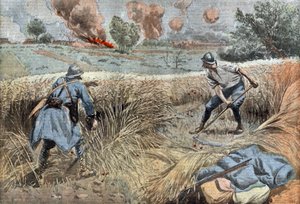 Francuski kanonier kosa pszenicę, by zabić Niemców, rys. Damblans z francuskiej gazety „Le Pelerin” 30 czerwca autorstwa Eugene Damblans