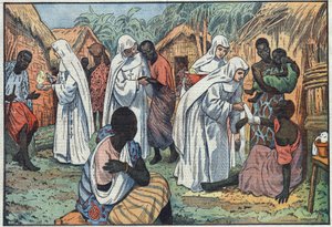 O inauguracji w Pałacu Laterańskim w Rzymie Muzeów Sióstr Białych w wiosce w Afryce Równikowej, gdzie prowadzą katechizm i opiekę nad chorymi. Ilustracja Damblans. W „Le Pelerin” z 29 stycznia autorstwa Eugene Damblans