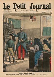 Alzacja, nasi nauczyciele żołnierze uczący alzackie dzieci języka francuskiego, ilustracja na okładce z „Le Petit Journal”, dodatek illustre, 29 listopada 1914