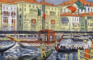 Uroczystość w Wenecji na cześć księcia i księżniczki Piemontu, rysunek Damblansa z papieru „Le Pelerin” 25 września autorstwa Eugene Damblans