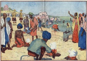 Tydzień Nieposłuszeństwa Obywatelskiego w Indiach przeciwko Imperium Brytyjskiemu: Na plaży Bombay Gandhi (1869-1948) i jego zwolennicy gotują wodę morską, aby uzyskać sól, z pogwałceniem prawa Gabelle. Kobiety zachęcają ich, powtarzając ten refren: „Przeł autorstwa Eugene Damblans