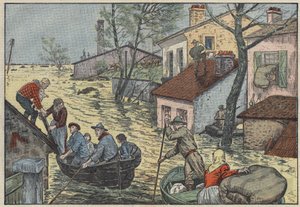 Powodzie w Luizjanie (USA): W obliczu groźnych fal stanu Missisipi rolnicy i traperzy są zmuszeni opuścić swoje domy i pola. Ilustracja Damblans. W „Le Pelerin” z 15 maja autorstwa Eugene Damblans