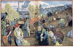 Łowcy szukają kawałków węgla wśród kamieni wydobywanych z kopalń, aby ogrzać się zimą. Region Rhur, Niemcy. Ilustracja Damblans. W „”Le Pelerin”” z 4 października autorstwa Eugene Damblans
