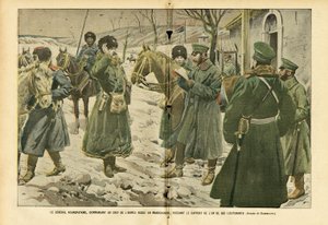 Ilustracja przedstawiająca Eugeniusza Damblana (1865-1945) w Le Pelerin, 05.03.05 - generał Kuropatkin, głównodowodzący Armii Rosyjskiej w Mandżurii, odbierający meldunek jednego ze swoich poruczników - Rosja, Armea, Mandżuria, Rosja -Wojna japońska, śnieg autorstwa Eugene Damblans