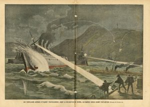 Ilustracja Eugene Damblans (1865-1945) w Le Pelerin, 21/02/04 - Japoński atak torpedowy na rosyjskie statki przed wypowiedzeniem wojny przed wypowiedzeniem wojny - Rosja, Japonia, Morze morskie, Port Artur, wojna rosyjsko-japońska, okręty wojenne autorstwa Eugene Damblans