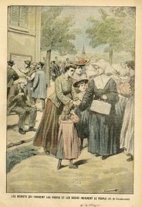Ilustracja Eugeniusza Damblana (1865-1945) w Le Pelerin, 24.07.04 - Dekrety, które wypędzają braci i siostry, oburzają lud - Nauczanie, Religia Wiara, Tłum, Katolicki Katolicyzm - Oddzielenie Kościoła od Państwa, Wysiedlenie Zakonników, Uczyć w autorstwa Eugene Damblans