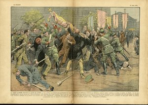 Ilustracja Eugene Damblans (1865-1945) w Le Pelerin, 27/06/37 - Krzyż gammee przeciwko krzyżowi Chrystusa w hitlerowskich Niemczech - Niemcy Prusy, Wiara religii, Tłum, Walka, Wyprostowanie, Krzyż Gammee, Krzyż Chrześcijański, Katolicki Katolicyzm - Sprzed autorstwa Eugene Damblans