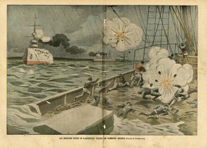 Ilustracja Eugene Damblans (1865-1945) w Le Pelerin, 28.02.04 - Rosyjskie krążowniki Władywostoku zatapiają japoński transportowiec - Armee, Morskie Wybrzeże Morskie, Wojna rosyjsko-japońska, Okręty wojenne, Władywostok - Żeglarze, marynarze autorstwa Eugene Damblans