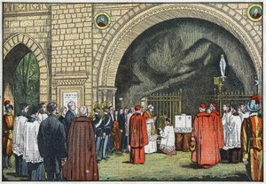 Przed „Grotto de Lourdes”, w ogrodach Watykanu, papież Pius XI pobłogosławił pierwszy kamień Kolegium Propagandy, który miał powstać w Janicule. Ilustracja Damblans. W „Le Pelerin” z 3 czerwca autorstwa Eugene Damblans