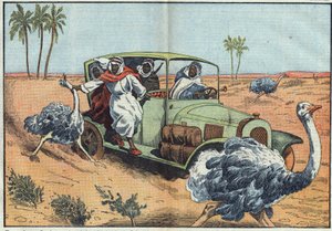 Współczesne polowania: na arabskiej pustyni bogaci Beduini kierują młodych Austriaków, by schwytali ich żywcem. Ilustracja Damblans. W „Le Pelerin” z 16 kwietnia autorstwa Eugene Damblans