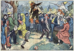 Stare zwyczaje: kremacja „Karnawału”, wieczorem Mardi Gras (Mardi-Gras), reprezentuje przyjemności i najdroższe dobro opuszczone u progu Careme. Ilustracja Damblans. W „”Le Pelerin”” z 16 marca autorstwa Eugene Damblans