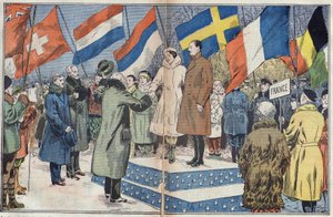 Zimowe Igrzyska Olimpijskie (1932) - ceremonia zakończenia: francuskim łyżwiarzom M. i pani Brunet Joly (Brunet-Joly), mistrzom olimpijskim, gratuluje jury. Jezioro Placid, USA. Ilustracja Damblans. W „”Le Pelerin”” z 18 marca autorstwa Eugene Damblans