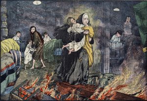Siostra Marie Gabrielle (Marie-Gabrielle) ratująca dziecko podczas pożaru sierocińca Bernards Ville (Bernards-Ville) w Stanach Zjednoczonych. Przypowieść o Damblanach w „Pelerinie” z 27 listopada autorstwa Eugene Damblans