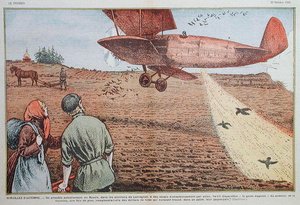 Wysiew nasion z samolotu w sowieckiej Rosji, ilustracja do magazynu „le Pelerin”, 22 października 1933 (kolor lito) autorstwa Eugene Damblans