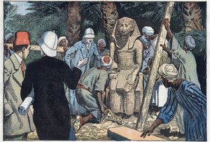Francuska misja archeologiczna odkrywa pomnik nastolatka Sesostrisa III, który zostanie przywieziony do Luwru. Medamoud, starożytne Teby, Egipt. Ilustracja Damblans. W „Le Pelerin” z 22 listopada autorstwa Eugene Damblans