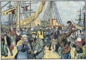 Powrót dorsza do Saint-Malo: Terres-Neuvas łowili ryby i połączyli się ze swoimi rodzinami. Ilustracja Damblans. W „”Le Pelerin”” z 7 października autorstwa Eugene Damblans