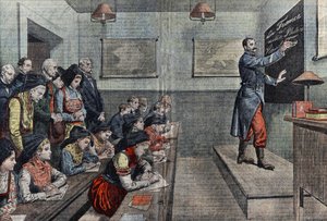 Odzyskana zostaje pierwsza klasa języka francuskiego w Alzacji. Ilustracja Damblans. W „Le Pelerin” z 1914 r. autorstwa Eugene Damblans