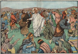 Rozmnożenie bochenków: nad brzegiem Jeziora Tyberiadzkiego Jezus Chrystus (Jezus Chrystus) zaspokoił ludność rozmnażając pięć bochenków jęczmienia i dwie ryby. Ilustracja Damblans. W „”Le Pelerin”” z 18 marca autorstwa Eugene Damblans