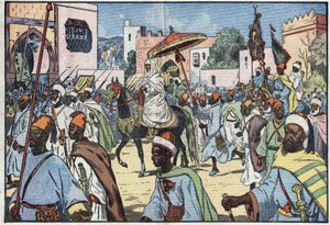 Nowy sułtan Maroka, Moulay Mohammed, wjeżdża do miasta Rabat. Ilustracja Damblans. W „”Le Pelerin”” z 4 grudnia autorstwa Eugene Damblans