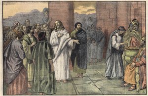 Ofiara wdowy. Ewangelia według św. Marka, rozdz. 12, w. 41-44. Ilustracja Damblans. W „”Le Pelerin”” z 28 czerwca autorstwa Eugene Damblans