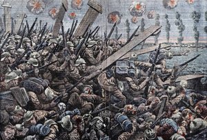 Wojna 1914-1918. Front Belgii 1914. Żołnierze niemieccy na Yser. Rysunek Damblansa. autorstwa Eugene Damblans