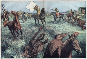 Dzikie konie są ubijane w Stanach Zjednoczonych. Ilustracja Damblans. W „”Le Pelerin”” z 31 stycznia autorstwa Eugene Damblans
