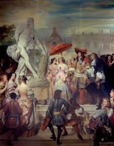 Pierre Puget (1620-1694) przedstawia swój posąg Milona z Crotone Ludwikowi XIV (1638-1715) w ogrodach zamku w Wersalu. Obraz Eugene Deveria (1808-1865)