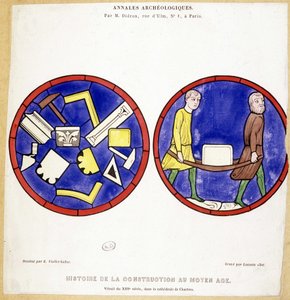 Historia budownictwa w średniowieczu: Porównanie XIII-wiecznych witraży w Cathedrale de Chartres - rys. Eugene Viollet-le-Duc (Viollet le Duc) (1814-1879) z kilkoma symbolami makonicznymi. autorstwa Eugene Emmanuel (after) Viollet le Duc