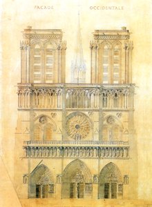 Projekt restauracji zachodniej fasady katedry Notre Dame w Paryżu z rekonstrukcją iglicy na skrzyżowaniu, 1843