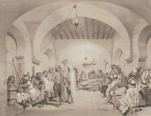 Cafe du Divan, Algier, z tomu upamiętniającego francuskie siły ekspedycyjne, które zdobyły Algier w 1830 r., ryty przez Adolphe Jean-Baptiste Bayot (1810-66)