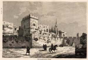 Pałac wielkich mistrzów na Rodos, rysunek Eugeniusza Flandina, ilustrujący jego podróż na wyspę Rodos w 1844 roku. Grawer w „”Le tour du monde””, pod redakcją Edouarda Chartona