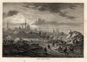 Widok Mosulu (Irak), nad brzegiem rzeki Tygrys, rysowany przez Eugene