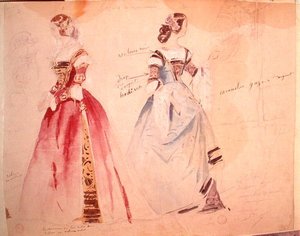 Dwa projekty kostiumów kobiecych w czasie tworzenia „Les Caprices de Marianne” Alfreda de Musset (1810-1857) (akwarela na papierze)