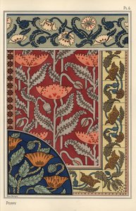 Mak, Papaver somniferum, we wzorach witraży, tapet, tkanin i płytek. Litografia Marca Mangin autorstwa Eugene Grasset