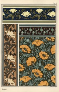 Mak, Papaver somniferum, we wzorach tapet i tkanin. Litografia Verneuila autorstwa Eugene Grasset