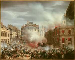 Rewolucja 1848 r.: „”Pożar placu wieży ciśnień pałacu królewskiego 24 lutego 1848 r.” Obraz Eugene
