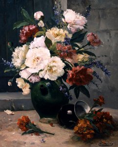 Martwa natura z piwonii i goździków. Malarstwo Eugene Henri Cauchois (1850-1911) Prywatna kolekcja.