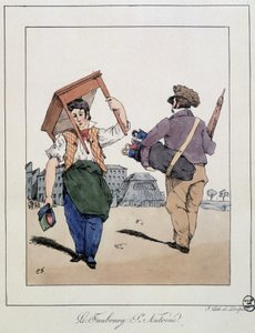 Le faubourg St Antoine: mechanik mebli i chodzący sprzedawca parasoli - w „”Souvenirs d’un loâneur”” autorstwa Eugène Forest, wyd. Delpech, Paryż, ok.1830
