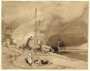 Bord de Plage (łodzie rybackie na plaży, chmury burzowe w oddali) autorstwa Eugene Isabey