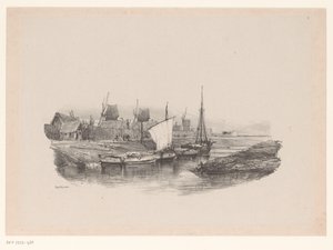 Port z łodziami i wiatrakami Pokryj Kanał Wspomnienia Eugène Isabey (tytuł serii) Souvenirs d