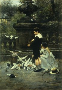 Karmienie gołębi, 1887 autorstwa Eugene Joors