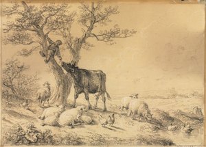 Krajobraz ze zwierzętami i chłopcem na drzewie, 1866.