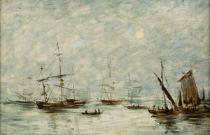 Łodzie zacumowane w porcie (olej na płótnie) autorstwa Eugene Louis (attr.to) Boudin